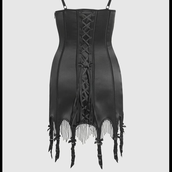 Plunge Push Up Satin Corset Dress with Garters and Beaded Fringe - Picture 2 of 3